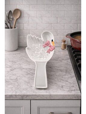 New Pink & White Girly Swan W/ Bow Kitchen Cooking Spoon Rest Decor